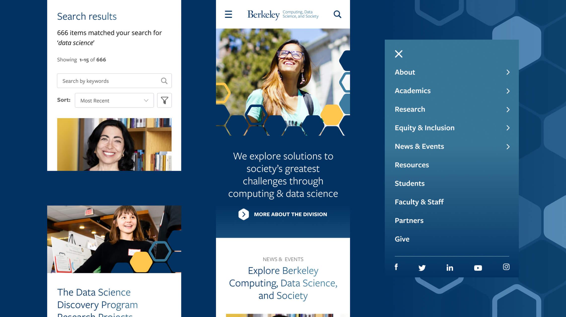 Mobile design for various screens including the homepage and hamburger navigation