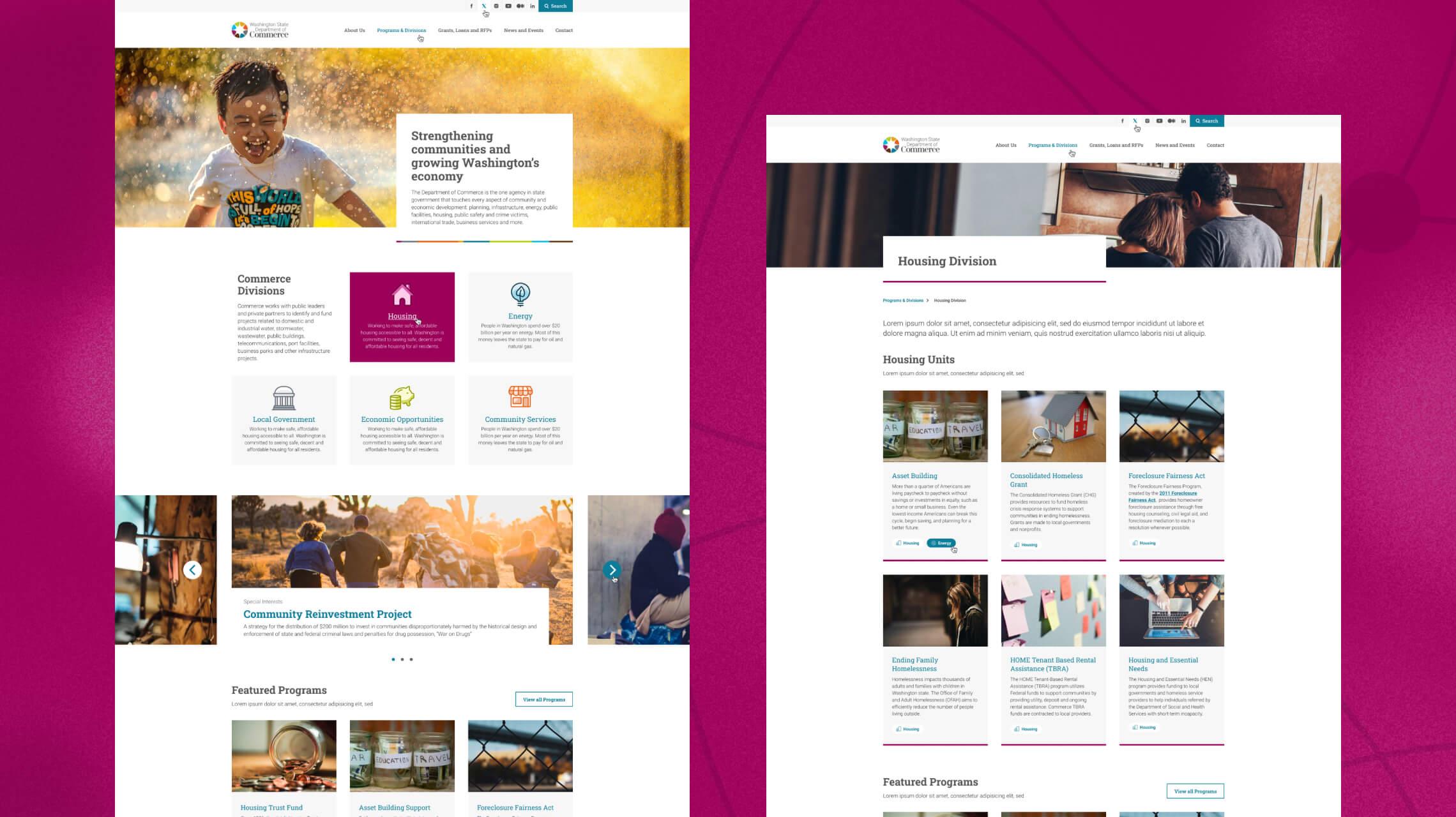 Desktop homepage design for the WA Commerce website