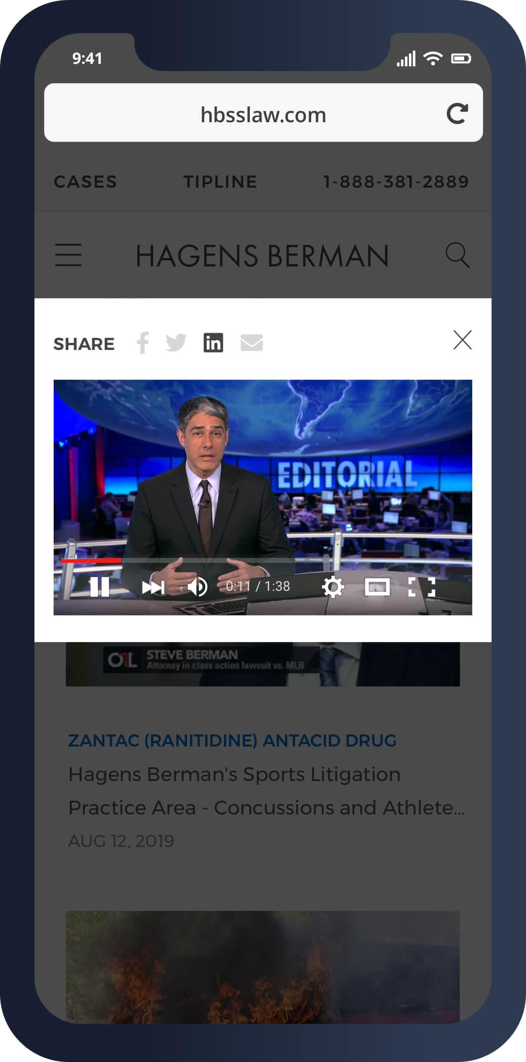 A mobile screenshot of a Hagens Berman video lightbox