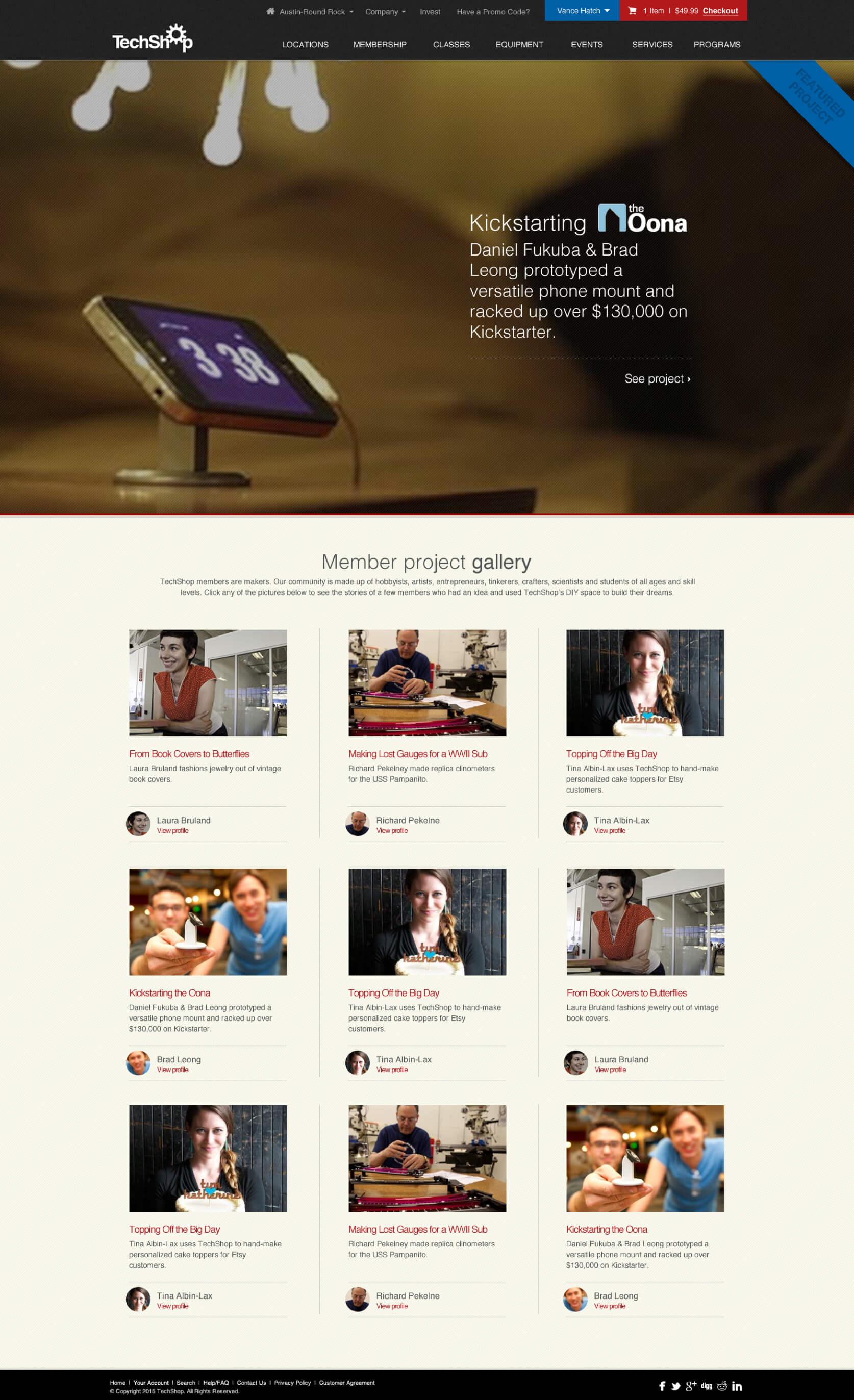 A desktop screenshot of the TechShop member project gallery