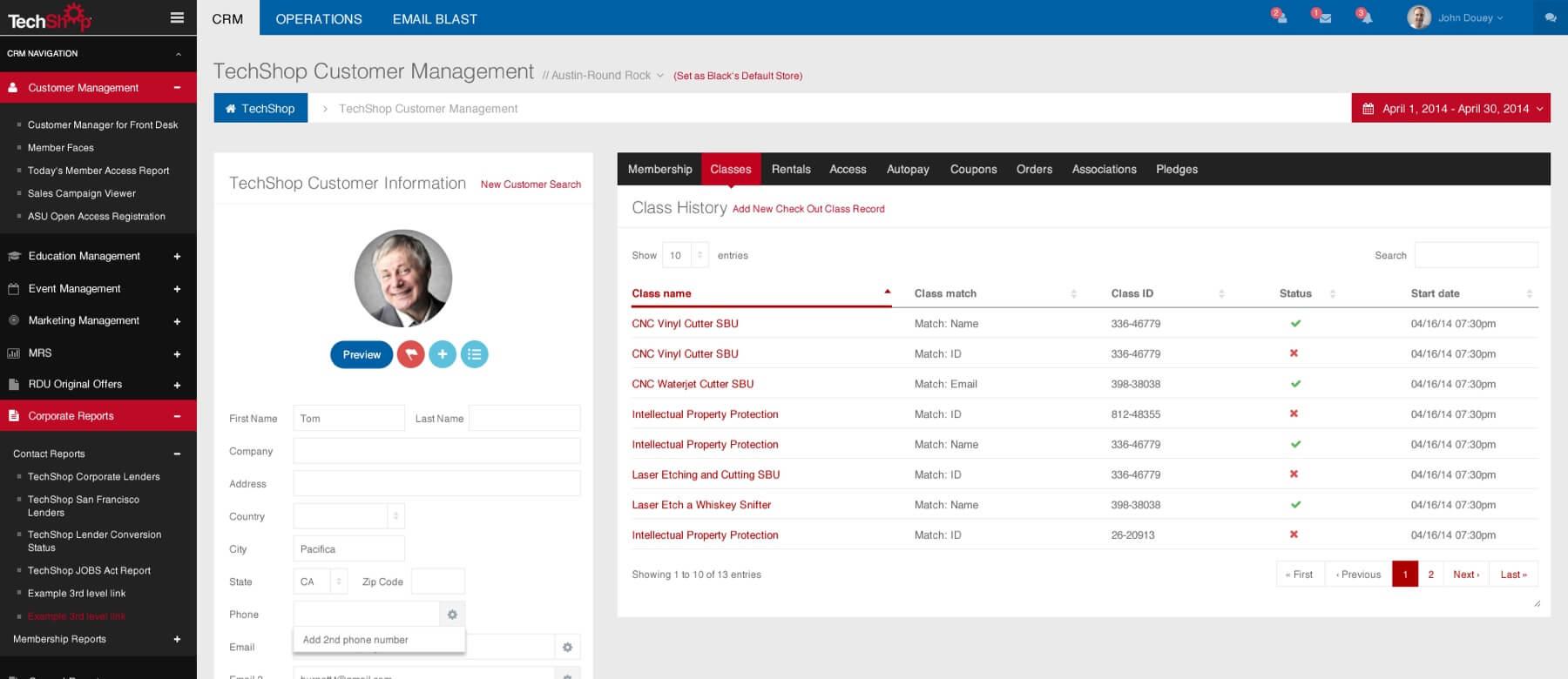 A desktop screenshot of the TechShop CRM